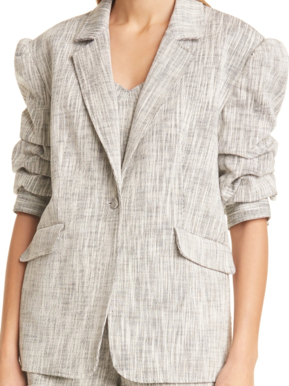 Cinq à Sept Lena Tweed Striped Ruched Sleeve Blazer Size 6 Notch Lapel Iconic